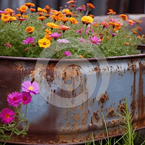 Fragment of old rusty abandoned container in meadow with yellow, pink flowers on summer day. Metal box and nature, life