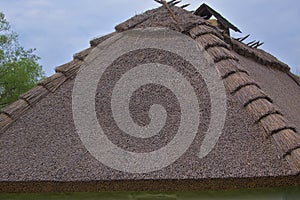 Fragment of an old thatched roof as a concept for environmentally friendly housing and natural insulation.