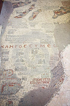 Fragment of the oldest floor mosaic map of the Holy Land in Greek Orthodox Basilica of St. George in Madaba, Jordan.