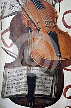 Violine and music sheet. Fragment of painting in Hermitage, Saint Petersburg, Russia