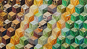 Fragment of quilt sewn from diamonds and has view three-dimensional