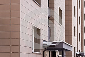 Fragment residential apartment with flat building exterior. Detail of New luxury house and home complex