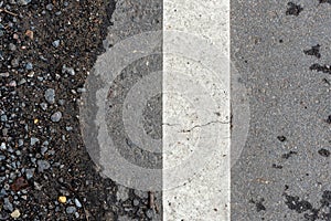 Fragment of road markings at the curb. Fragment of a white stripe on asphalt. Abstract background