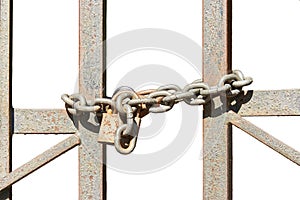 Fragment of rust-covered metal gates with chain and padlock