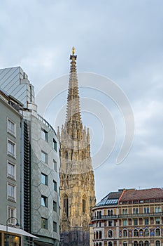 Fragment of Saint Stephen`s Cathedral Stephansdom. View with church tower. Vienna. Wien.