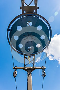 Fragment of the ski lift. Elements of the steel structure, wheel, steel ropes, tensions, sensors