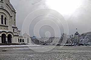 Fragment of the square in front of the beautiful Eastern Orthodox Cathedral `St. Alexander Nevsky` and the surrounding area