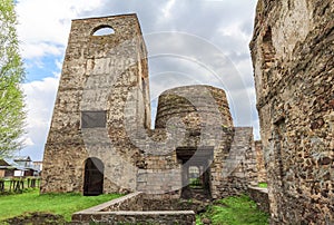 Fragment of stone old ruins overgrown with plants