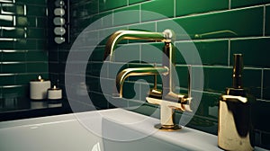 Fragment of a stylish classic luxury bathroom. Green tiled walls brick imitation, countertop sink, gold color double