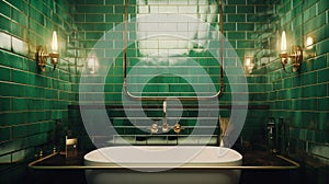 Fragment of a stylish modern luxury bathroom. Green tiled walls, black countertop with white integrated sink, golden