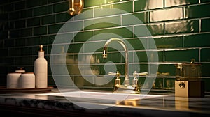 Fragment of a stylish modern luxury bathroom. Green tiled walls with brick imitation, marble countertop with integrated