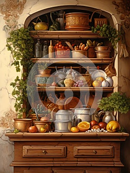 Fragment of tradition Italian retro kitchen interior, wooden shelves with dishes, fruits and plants, vertical image.