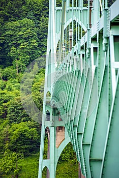 Fragment of truss construction of gothic St Johns bridge over the Willamette River in Portland