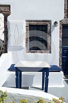 Fragment of a typical blue-and-white house in Santorini island, Greece