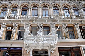 Fragment of the wall of the complex `Passage` with a remarkable architecture and statues . Odessa. Ukraine.