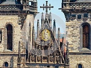 Fragment of west facade of Tyn Church closeup, Prague