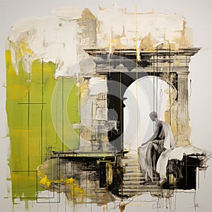 Fragmented Architecture: A Painting Of A Green Statue And Sculpture On White Background