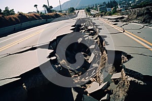 Fragmented Cracks road after earthquake. Generate Ai