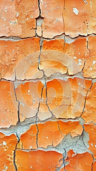 A fragmented display of orange paint over a sturdy wall, where the cracks and peels form a natural mosaic of urban aging