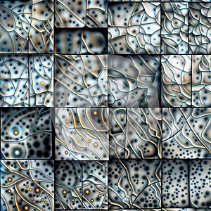 Fragmented Blue-Orange Mosaic: Abstract Cellular Pattern Composition, generative ai