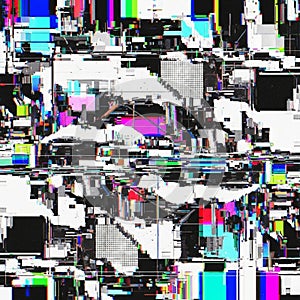 Fragmented with overlapping geometric shapes creating a complex and