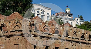 Fragments of ancient brick walls of abandoned Paramonovsky warehouses on  embankment of Rostov-on-Don.