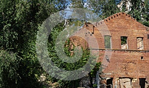 Fragments of ancient brick walls of abandoned Paramonovsky warehouses on embankment of Rostov-on-Don