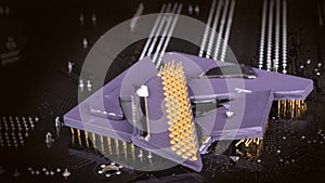 Broken computer processor on background from mainboard