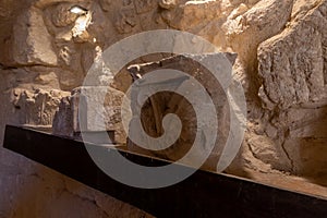 Fragments  of decorative ornaments of columns in ruins of the palace of King Herod - Herodion in the Judean Desert, in Israel