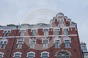 Fragments of the facade. Ancient buildings. Scandinavian architecture. Helsinki, Finland