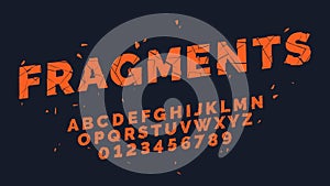 Fragments font. Broken oblique alphabet, capital latin letters and numbers typography, red divided text, cracked