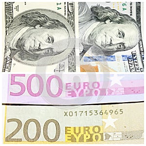 Fragments of hundred-dollar banconotes and banknotes of two hundred and five hundred euros