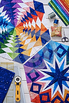 Fragments of quilt, accessories for patchwork, top view