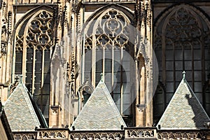 Fragments and window of St. Vitus cathedral in gothic style in Prague Castle complex, Czech Republic. Great architecture