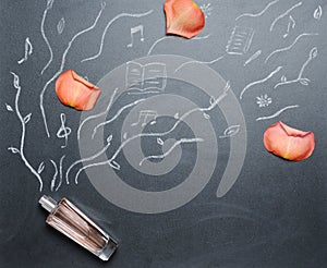 Fragrance bottle with drowing smell androse petal on the blackboard