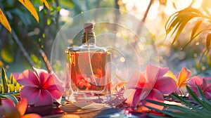 Fragrance bottle, perfume product on background of sunny tropical jungle