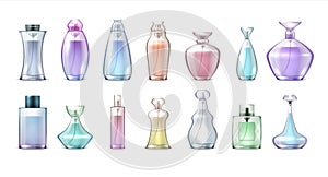 Fragrance bottles. Realistic clear glass with perfumes, collection of elegant cosmetic makeup vials. Vector aroma water