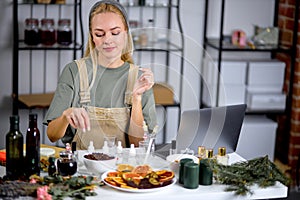 fragrance, essential oil bottles used for blending scent for making perfume by perfumer