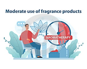 Fragrance Moderation Illustration. Man with aromatherapy products.