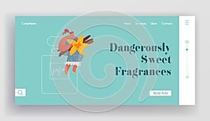 Fragrance Website Landing Page. Perfumer Sitting on Huge Perfumery Bottle Holding Vanilla Flowers and Sticks