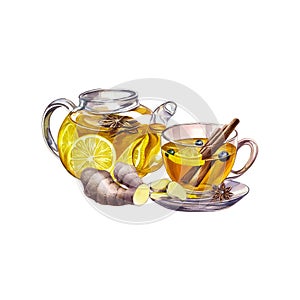 Fragrant antiviral tea with lemon, cinnamon and ginger. Glass teapot and cup with vitamin tea against colds.