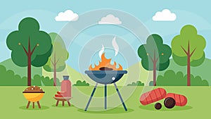 Fragrant BBQ smoke wafting through the park as grills sizzle with delicious meats and vegetable skewers.. Vector photo