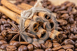 Fragrant cinnamon sticks, anise star and roasted coffee beans. Macro ingredients. Selective focus