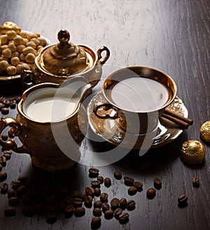 Fragrant coffee with sweets on the table