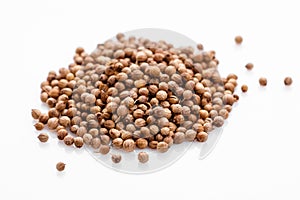 Fragrant coriander seeds on a white background