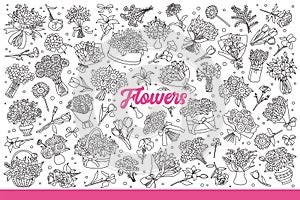 Fragrant flowers collected in bouquets for gifts to women or home decoration. Hand drawn doodle.