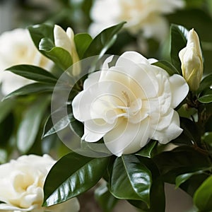 A fragrant gardenia with creamy white petals and a sweet, heady scent, generative AI photo