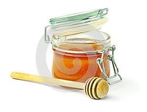 Fragrant and healthy natural honey in a glass jar. Diet. Healthy lifestyle. Cookery / Baking Ingredients