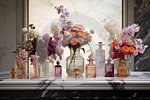 Fragrant perfume bottles in row with flower decoration. Generative AI photo