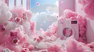 fragrant pink clouds and floral patterns emerging from freshly laundered items, illustrating the unique floral scent of